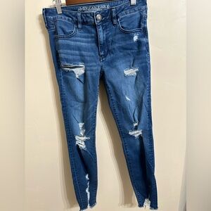American Eagle Ripped Blue Skinny Jeans - Super Stretch, Size 8 - 27” Inseam